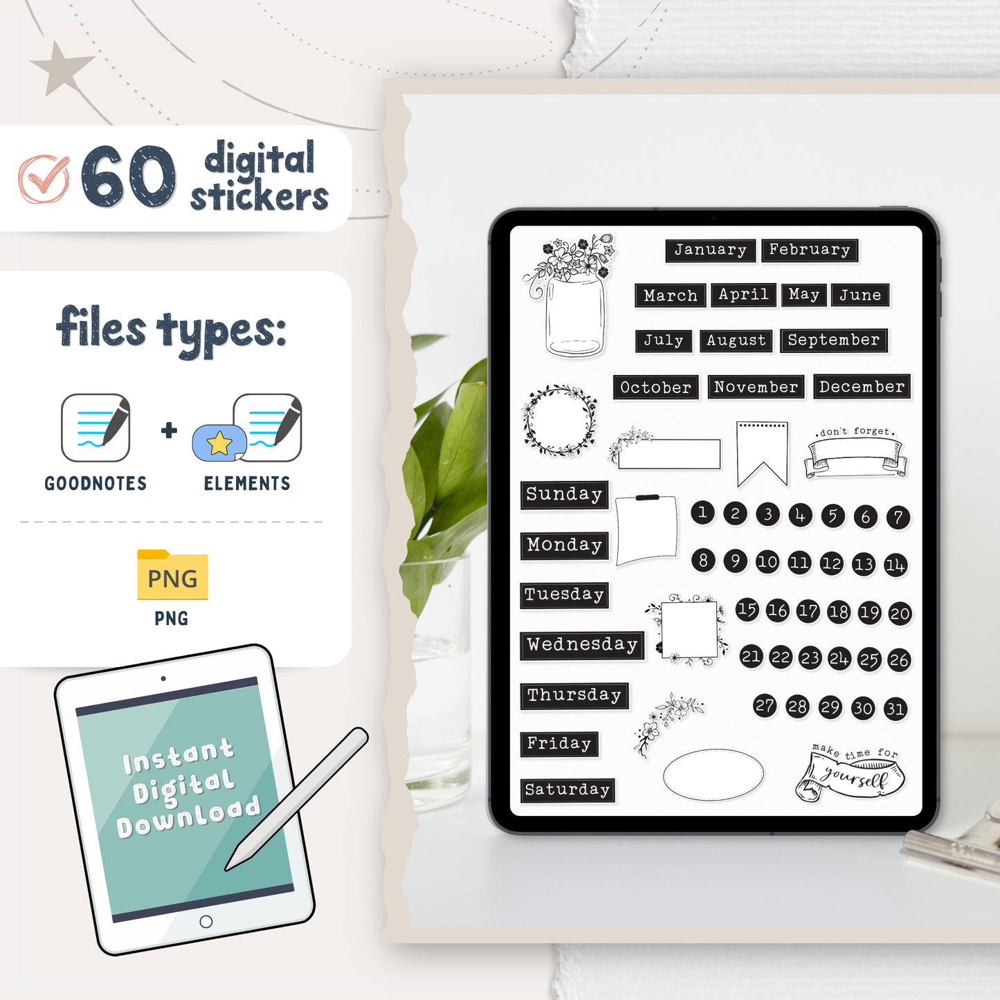 Black & White Digital Planner Stickers