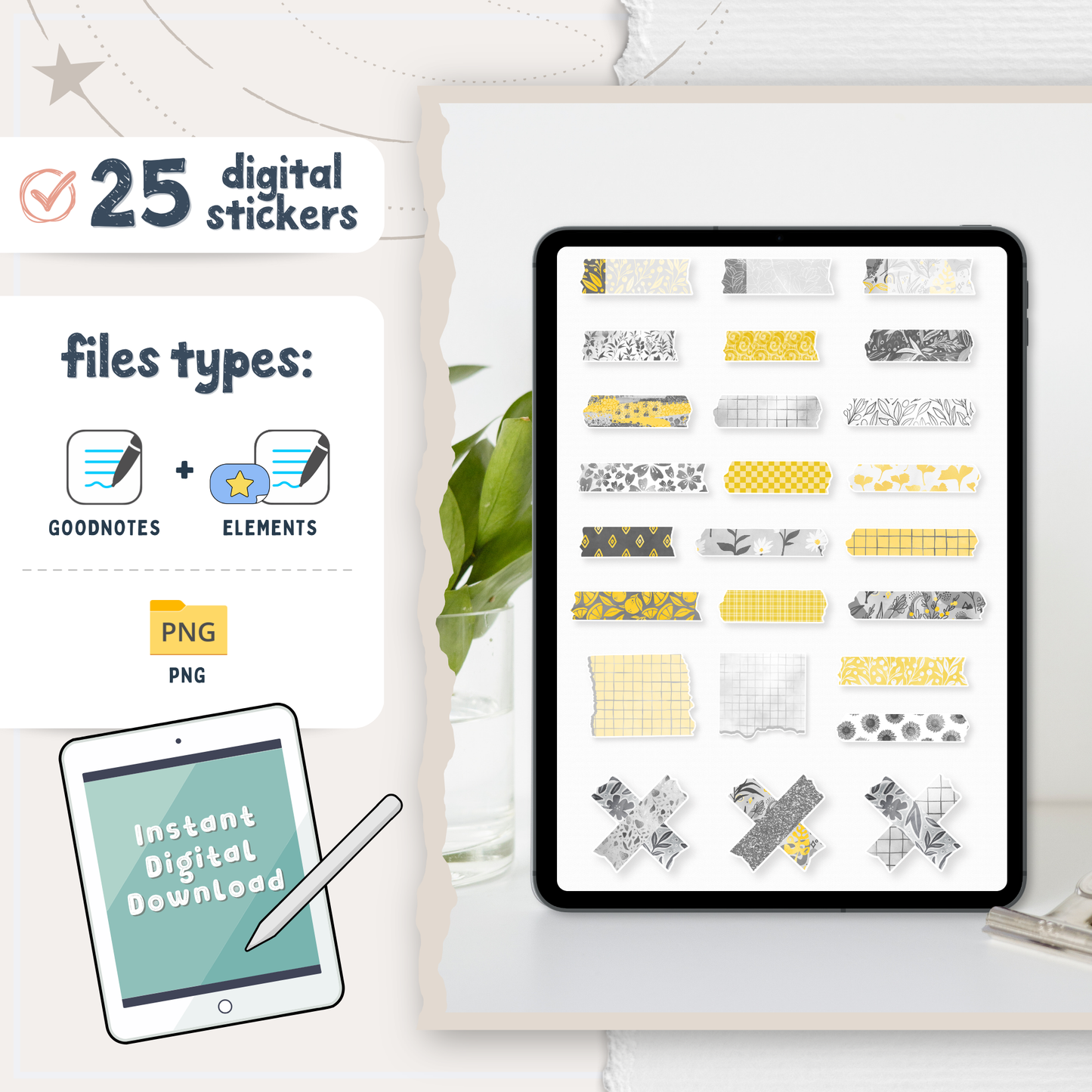 Yellow Washi Digital Planner Stickers